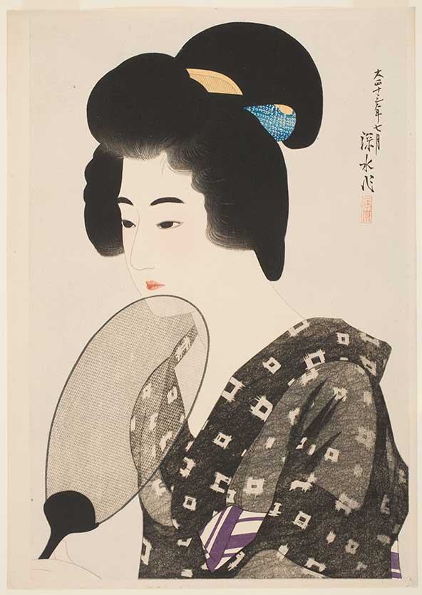 Itō Shinsui (1898–1972), Woman with Marumage Hairstyle, 1924, color woodblock print on mica (kirazuri) ground